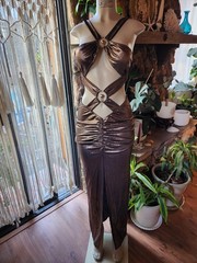 Women&rsquo;s Size M Bronze Metallic Cut Out Maxi Dress Gold Ring NWT