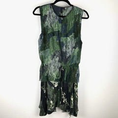 EDUN 100% Silk Dress Green Black Marble Print Sheer Overlay Luxury $498