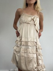 Miu Miu Beige Silk Satin Ruffle Layered A-Line Square Neck Dress 40