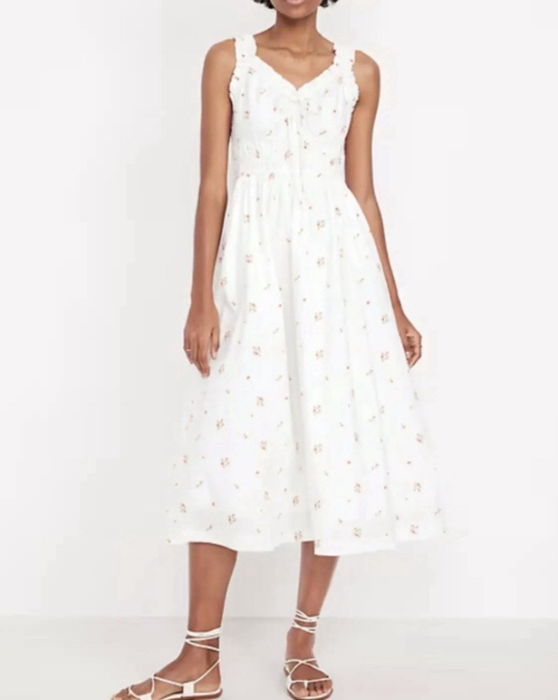Old Navy Floral Smocked Waist Fit & Flare Midi Dress M Ruffle White Milkmaid