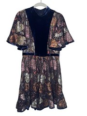 Rebecca Taylor Glistening Rose Velvet Dress Small Metallic Floral Mock Neck Mini