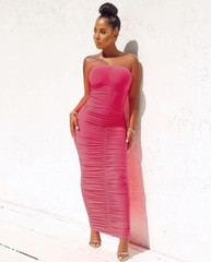 Women&rsquo;s Sexy Ruched Tight Strapless Sleeveless Bodycon Tube Maxi Long Club Dress