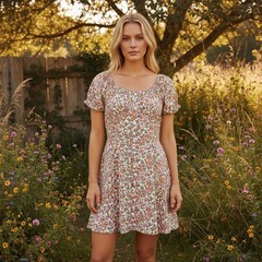 Trixxi NEW Floral Button Front Mini Dress Short Puff Sleeve Boho Cottagecore M