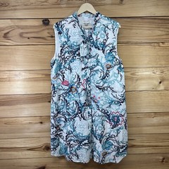Atelier Dress XL Sleeveless Button Up Shirt Dress Blue Floral Bow Tie NWT B84