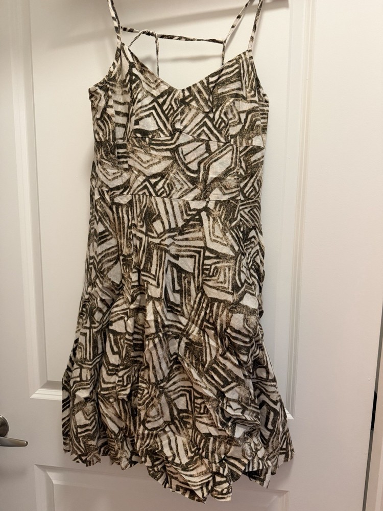 Banana Republic Women’s 6 Beige/Brown/White Geometric V-Neck linen A-Line Dress