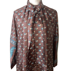 Vintage Dress Maxi Brown Custom Made Silk Womens Size Large Paisley Neck Tie Mod