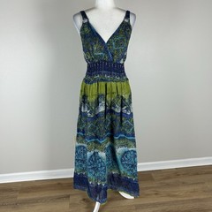 Large Maxi Dress Beaded Hippie Surplice Babydoll Paisley Gypsy Boho Smocked Blue