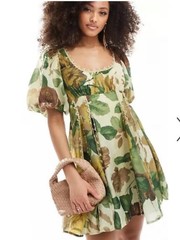 ASOS Square Neck Lace Green Floral Puff-Sleeve Mini Dress