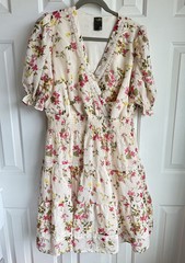 Taylor Beige Fit Flare Floral Midi Easter Dress 3/4 Ruffle Sleeve XL extra Large