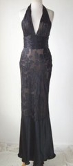 MARCHESA NOTTE Black Silk Floral Low Cut Open Back Dress Gown