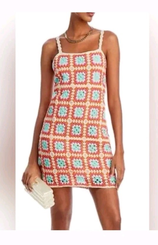 Willow & Wind Womens Size Large Crochet Knit Sundress Colorful Boho Retro Hippie
