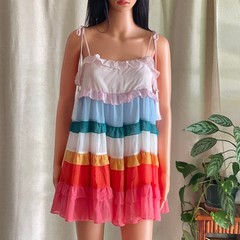 Rainbow Ruffled Tiered Babydoll Mini Dress Fairy Goddess Boho Festival Pride S