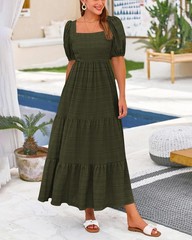 PRETTYGARDEN Womens Dress Midi Army Green Square Neck Smocked Loose Fit Medium