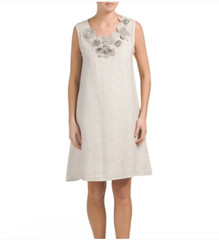 ROSEMARINE Italy Beige Linen A-Line Dress Pearl Flower Applique Sleeveles Size M