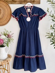 Umgee Navy Embroidered Ruffle V-Neck Flutter Short Sleeve Midi Dress M