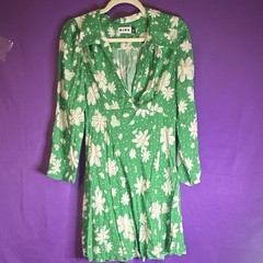 RIXO Green/White Floral Rayon V-Neck Long Sleeve Mini Dress Womens 6