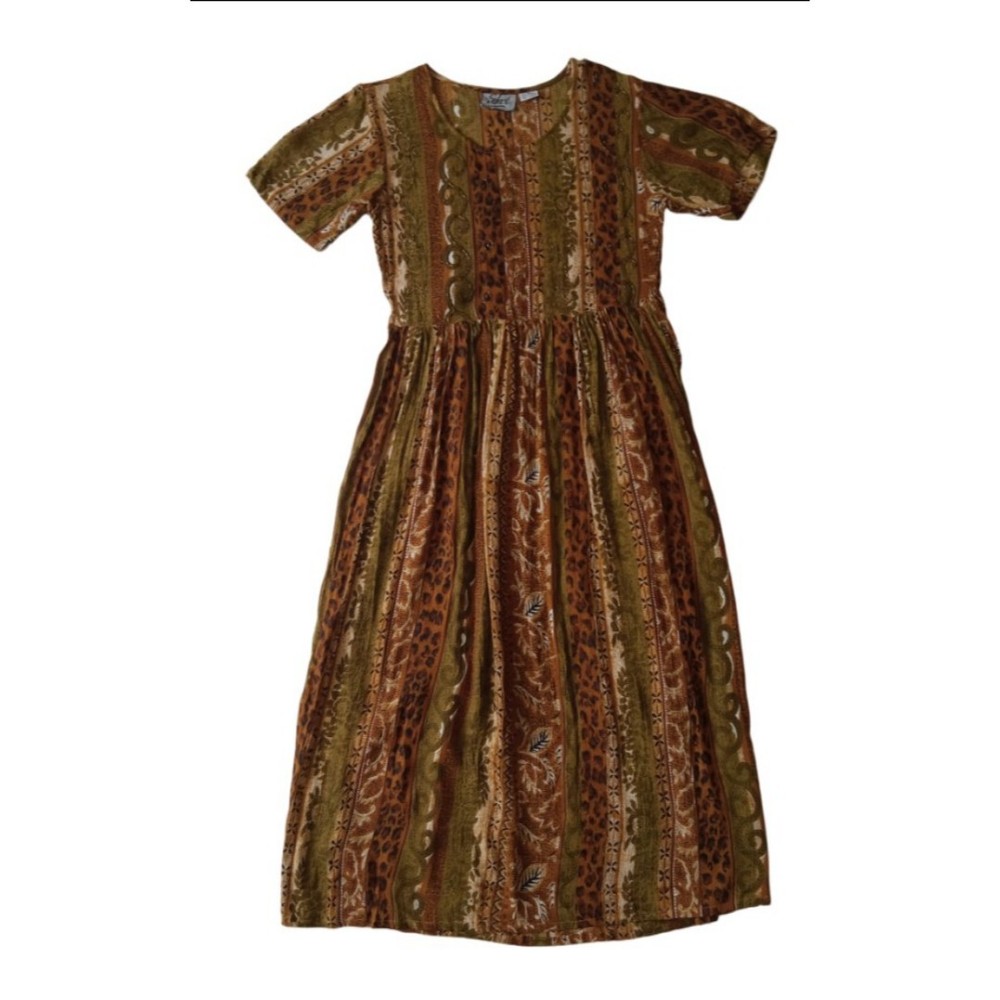Vintage Select Brown and Green Beaded Floral Animal Print Dress Women&rsquo;s Medium