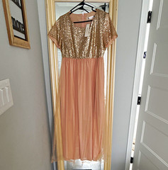 OrderPlus Pink/Gold Sequin Tulle A-Line Midi Dress Scoop Neck Sz L