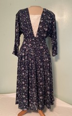 Vintage 90s Rayon Dress Blue Floral Midi Buttons Drop Waist Womens Size M L