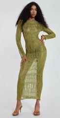 Jaded London Size Medium Umbra Moss Green Knit Metallic Long Sleeve Maxi Dress