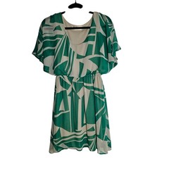 Green & Tan Geometric Print Chiffon Mini Dress S Flutter Sleeve Boho Resort Dres