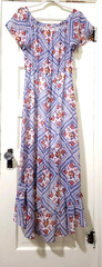 Maurices sz SMALL LONG BOHO Peasant Dress Blue Red Yellow Beige Hi Low Hem EUC