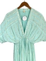 NWT En Creme Shimmer Mint with Gold Stripe Midi Dress Size XS