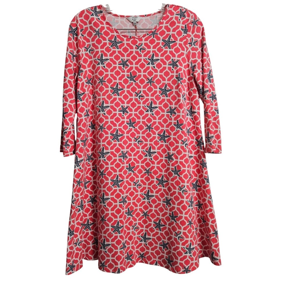 Crown & Ivy Coastal Knit Shift Dress Women PS Coral Starfish Resortwear Beach
