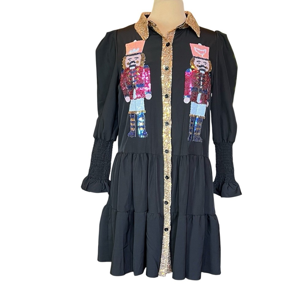Black Nutcracker Sequin Collar Tiered Ruffle Button Down Shirt Dress Tunic Small