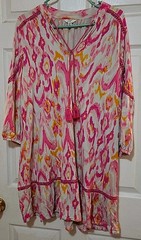 Crown & Ivy Pink White Orange Abstract V-Neck Ruffle Short Dress 3/4 Sleeve M