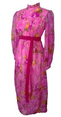 Vtg 60&rsquo;s Mod Chiffon Organza Smocked Dress S Hot pink Floral Puff Cottagecore