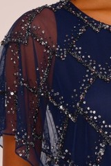ADRIANNA PAPELL Navy Beaded Sequin Blouson Sheer Flutter Sleeves Maxi Gown 2 XS