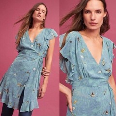 Anthropologie Feather Bone Wrap Dress Womens Size XS Blue Butterflies Osuna