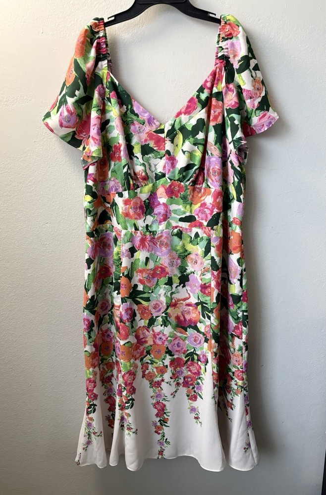 Maggy London Floral Midi Dress Womens 18 Fit & Flare Flutter Sleeve Lined