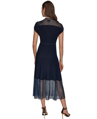 Donna Karan Midi Dress Large Navy Sheer Pleated Hem Illusion Knit NWT $199