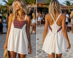 Sundress Cover Up Women Festival S Ivory Lined Aztec Stitch Back Tie Boho Beachy