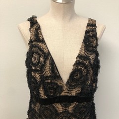 Tadashi Collection Cocktail Dress Womens 12 Black Tan Floral Lace V-Neck Silk