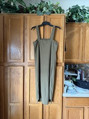 The Drop Women’s Amelia Rib Knit Midi Tank Dress Side Slits Olive Green Large