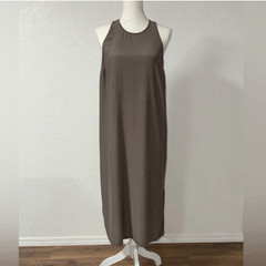 A New Day L Brown Solid Maxi Dress Long Round Neck Sleeveless Hook & Eye