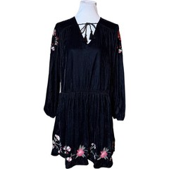 a.n.a Velvet Embroidered Dress Women Large Black Boho Tassel Floral Mini