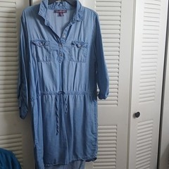 Gloria Vanderbilt Blue Solid Denim look Button Front Shirt Dress Roll Tab 3/4 L