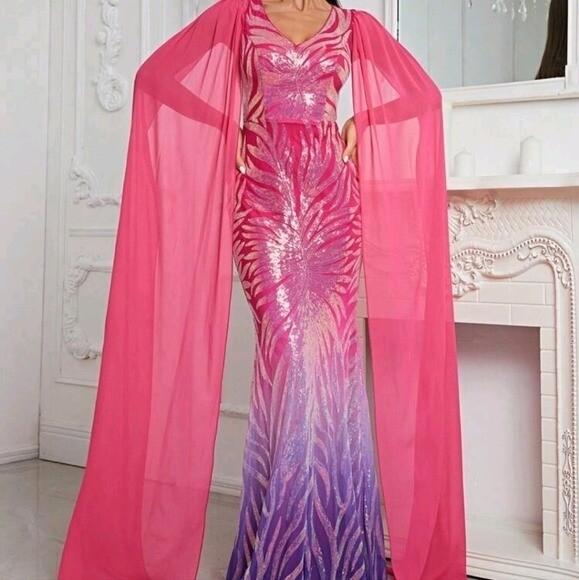 Multicolor Random Print, Cloak, Sequined, Mesh Mermaid Maxi gown