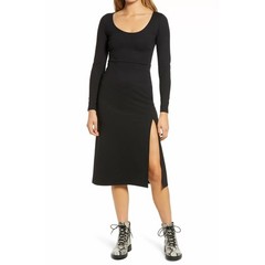 Leith Womens Scoop Neck Long Sleeve Side Slit Midi Dress in Black XS MSRP $49