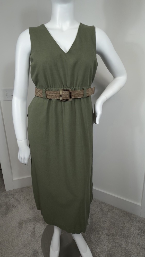 AK Plus Size Olive Green Linen Blend Midi Dress Belted Pockets Size XL/GG