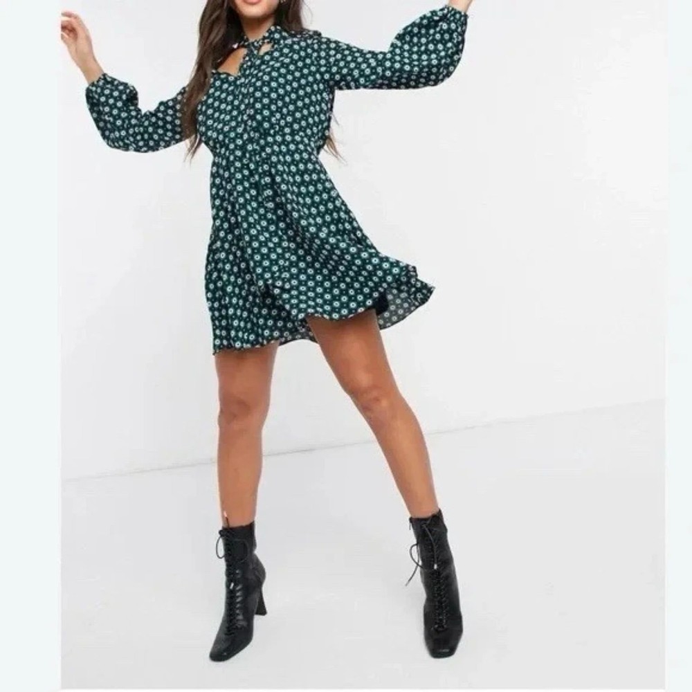 Ted Baker Printed Neck Tie Mini Dress – Green Geometric Print