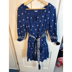 A Loves A Blue Embroidered Cotton Gauze Boho Mini Dress with Tassel Belt XS