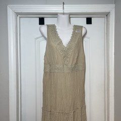 Indigo Rose Prairie Renaissance Maxi Dress L Beige Cottagecore Doily Boho Gauzy