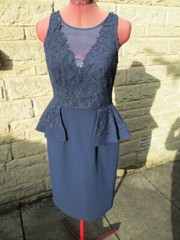 NEW-COAST-NAVY BLUE SPL OCCASION OVERLAID BROCADE LACE PENCIL PEPLUM DRESS-UK 10