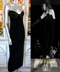 Betsey Johnson Vintage LUXE 90s RUNWAY Black Stretch Velvet Midi Slip Dress Sz S