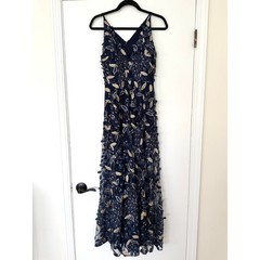 XSCAPE $329 Navy Blue Gold 3D Floral Applique Sequin V-Neck Maxi Evening Gown 4